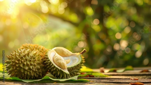 a durian, a tropical fruit with a spiky, hard outer shell. The shell is green and the inside is yellow and creamy. It is sitting on a wooden table with a blurred background of green leaves. photo