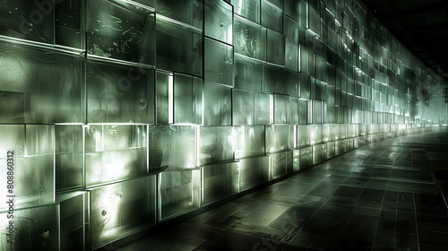 A long, narrow hallway with a wall of glass blocks