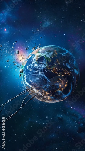 In an illustration depicting a broken Earth, cables are cut and disconnected, symbolizing a global communication crisis amidst environmental catastrophe.