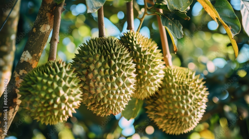 This is a picture of a durian fruit hanging from a tree. The durian is a large, tropical fruit This is a picture of a durian fruit hanging from a tree. The durian is a large, tropical fruit