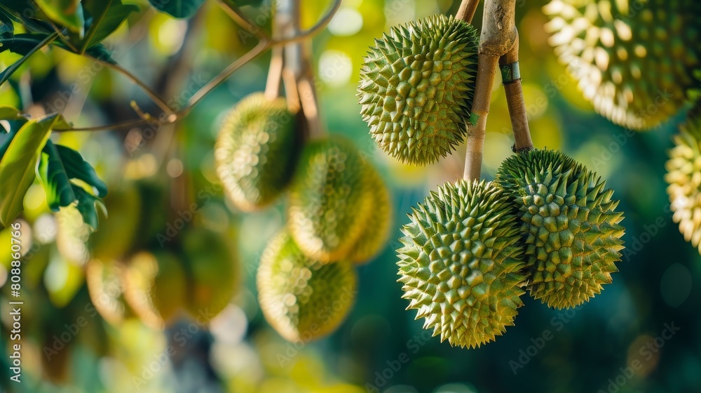 This is a picture of a durian fruit hanging from a tree. The durian is a large, tropical fruit This is a picture of a durian fruit hanging from a tree. The durian is a large, tropical fruit