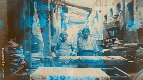 Traditional Silk Production: Vintage Photo Featuring Old Women's Portraits, Blue Overlay photo