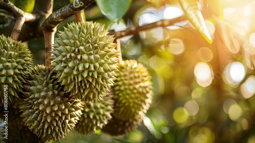 This is a picture of a durian fruit hanging from a tree. The durian is a large, tropical fruit  photo
