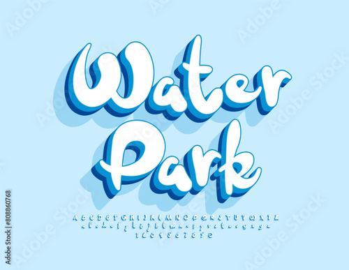 Vector playful flyer Water Park.   Funny handwritten Font. Creative 3D Alphabet Letters and Numbers set. 