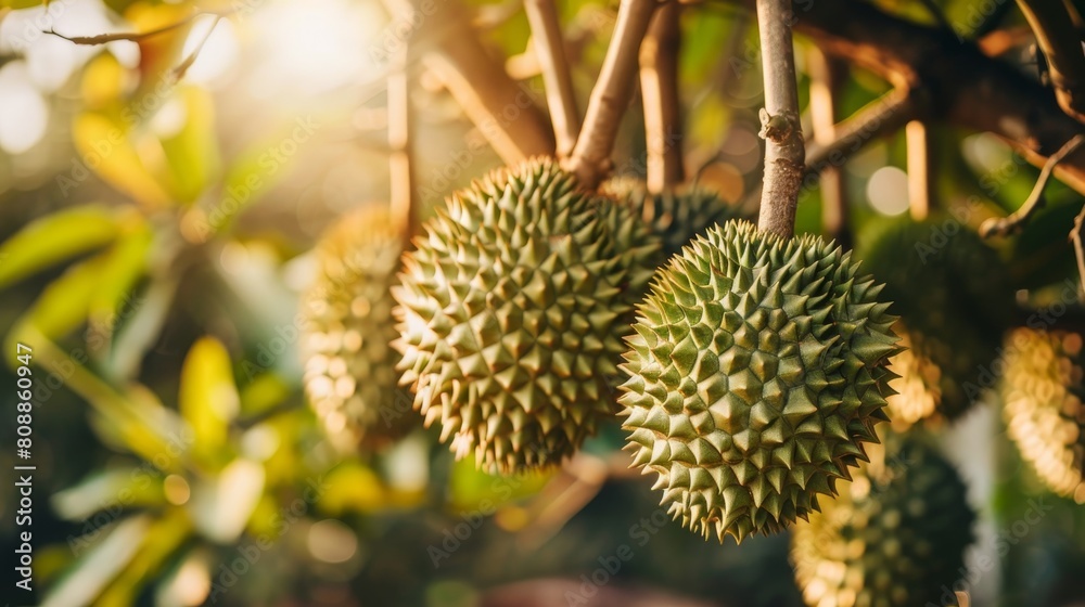 This is a close-up image of two durian fruits hanging from a tree. The fruits are large and have a spiky, green outer shell. This is a close-up image of two durian fruits hanging from a tree. The fruits are large and have a spiky, green outer shell.