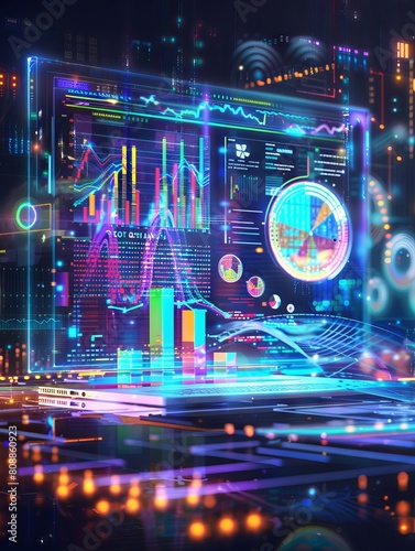 In a vibrant and dynamic digital illustration  data comes alive through colorful and interactive graphical representations  providing insightful analytics  statistics