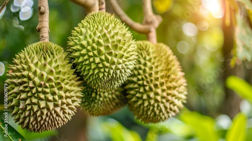 This is an image of a bunch of green durians hanging from a tree.