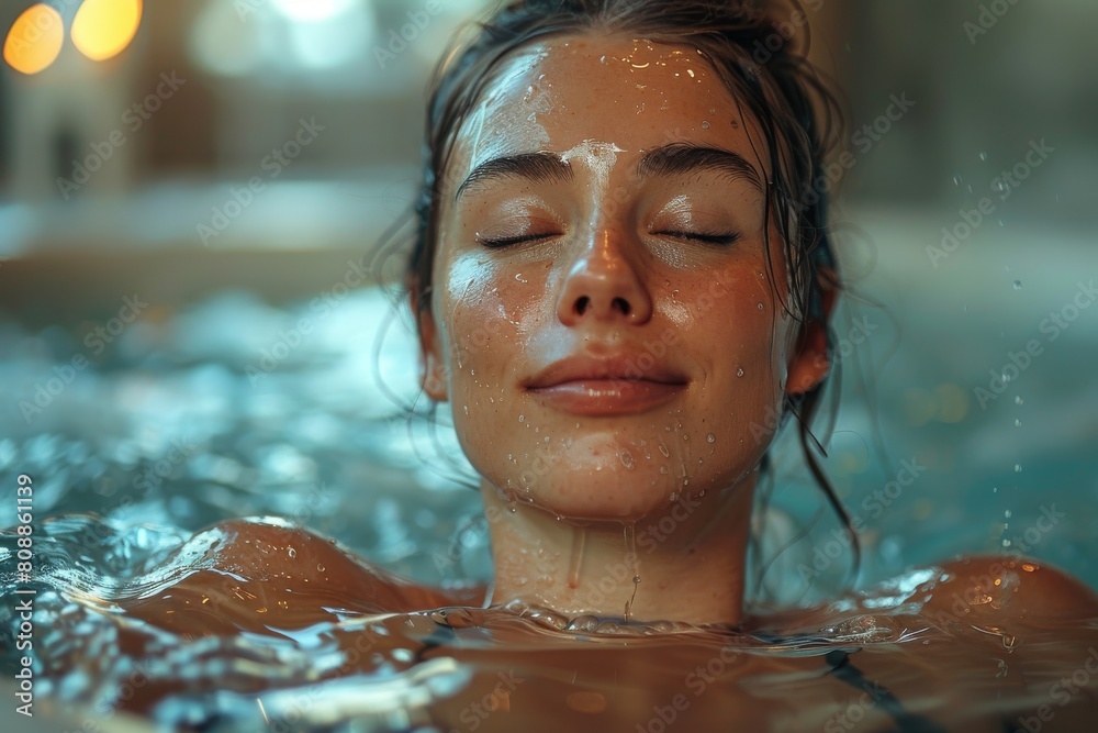 Φωτογραφία A content young woman with wet hair, eyes closed, in water, conveying a sense of
