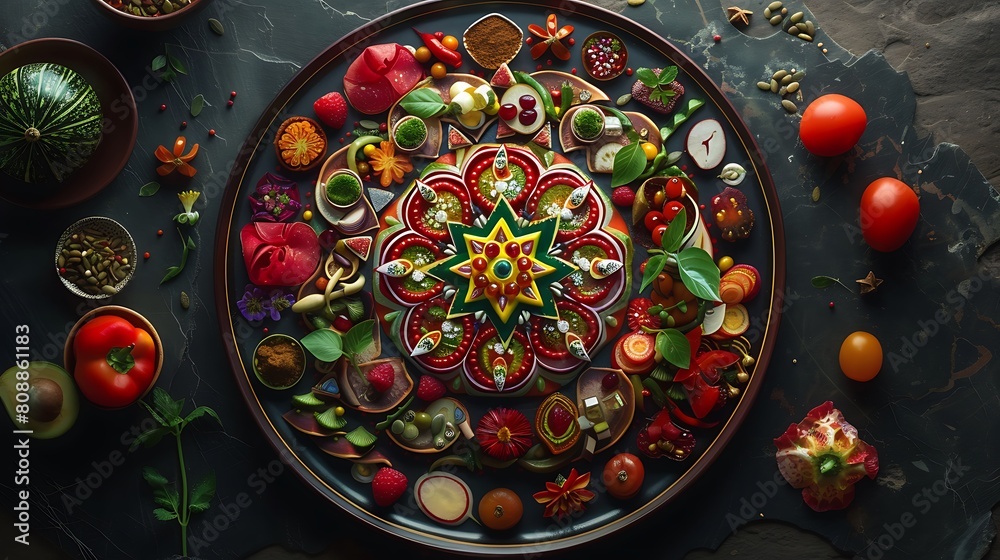 A culinary mandala, artistically arranged food items forming a symmetrical, edible piece of art on a plate