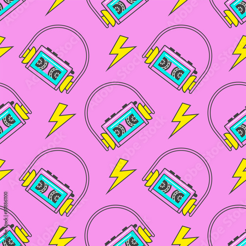 Seamless pattern with 90s elements. Cassette player with headphones from the 90s in a modern flat style. 