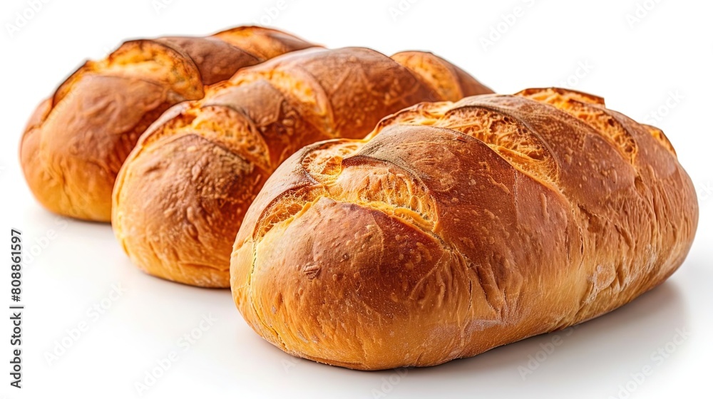 Three loaves of freshly baked bread sit on a white table. The loaves are golden brown and have a crispy crust. The warm, inviting smell of the bread fills the air.