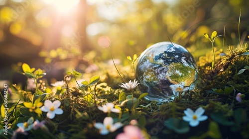 Globe in the grass with white flowers and green grass background