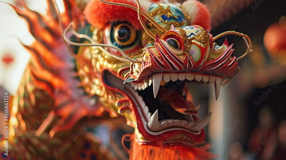 Closeup of a gold dragon statue with red and green details and white sharp teeth at a temple with gold details