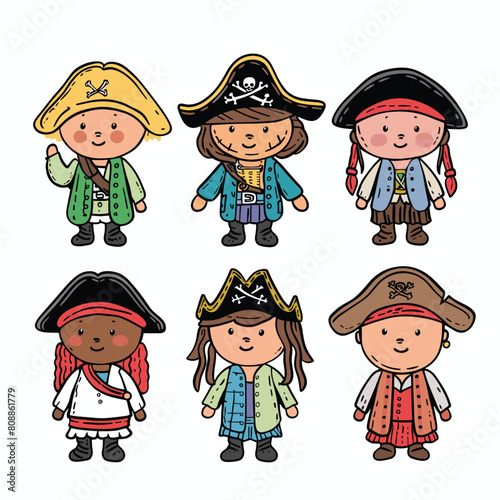 Six cartoon pirates, various ethnicities, cute illustration, pirate costumes, hats, isolated white background. Children characters, pirate theme, diverse, playful, colorful attire, smiling faces