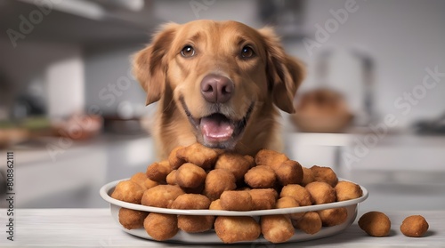 Happy dog in front of bowl of croquettes. generative.ai 