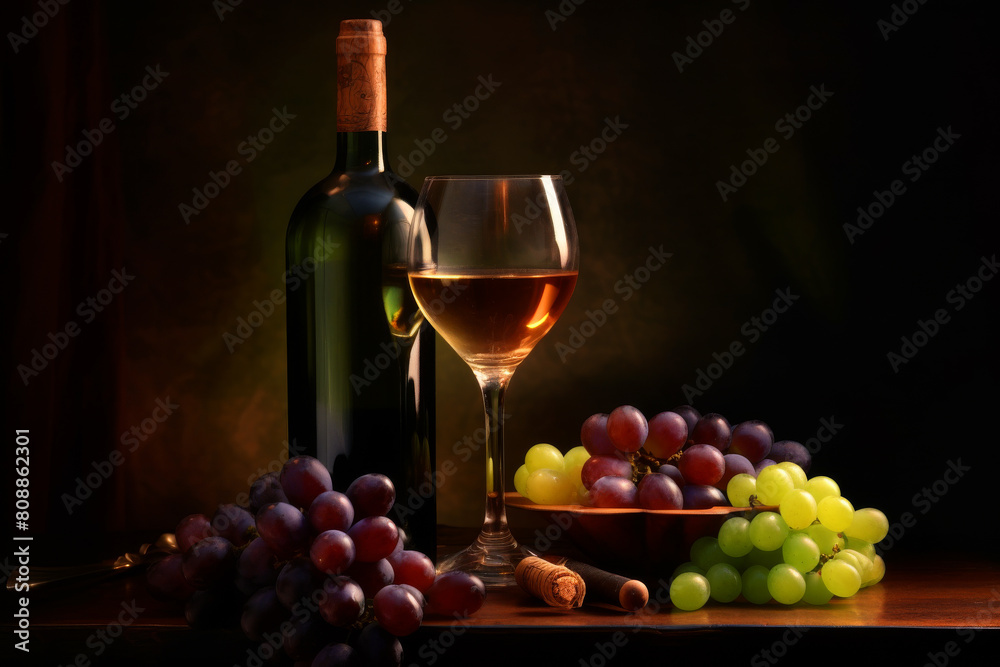 A bottle of grape wine against a vintage background, ai