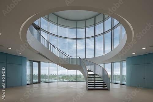 Serenity and contemporary design in architectural space with circular window  staircase  light blue walls.