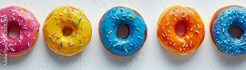 Assortment of donuts with neon bright icing, visually popping against a minimalist white setting, focus on variety