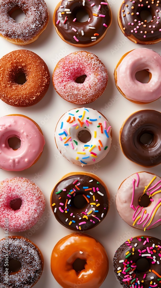 High-angle view of a variety of donuts covered in glossy icing, emphasis on color contrast, isolated on white High-angle view of a variety of donuts covered in glossy icing, emphasis on color contrast, isolated on white