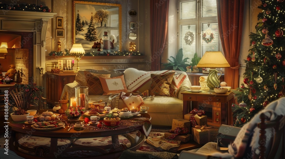 Festive family relaxing in cozy living room post-christmas, enjoying holiday treats and decorations