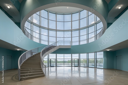 Serenity and contemporary design in architectural space with circular window, staircase, light blue walls.