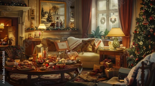 Festive family relaxing in cozy living room post-christmas, enjoying holiday treats and decorations