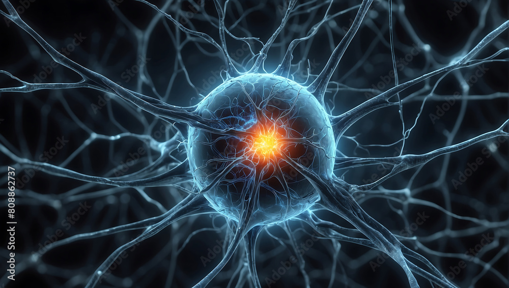 A close up of a ball of nerve cell network with neon orange glow light and explaining neuroscience on a dark black blur background A close up of a ball of nerve cell network with neon orange glow light and explaining neuroscience on a dark black blur background