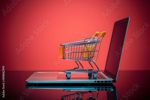 Online shopping concept with shopping cart on laptop against red gradient background.