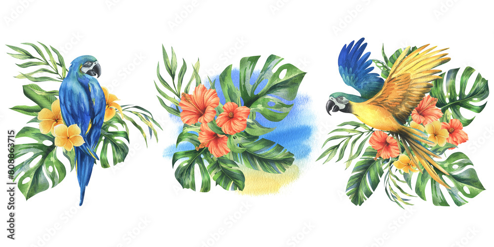 Obraz premium Tropical palm leaves, monstera and flowers of plumeria, hibiscus, bright juicy with blue-yellow macaw parrot. Hand drawn watercolor botanical illustration. Set of elements isolated from background