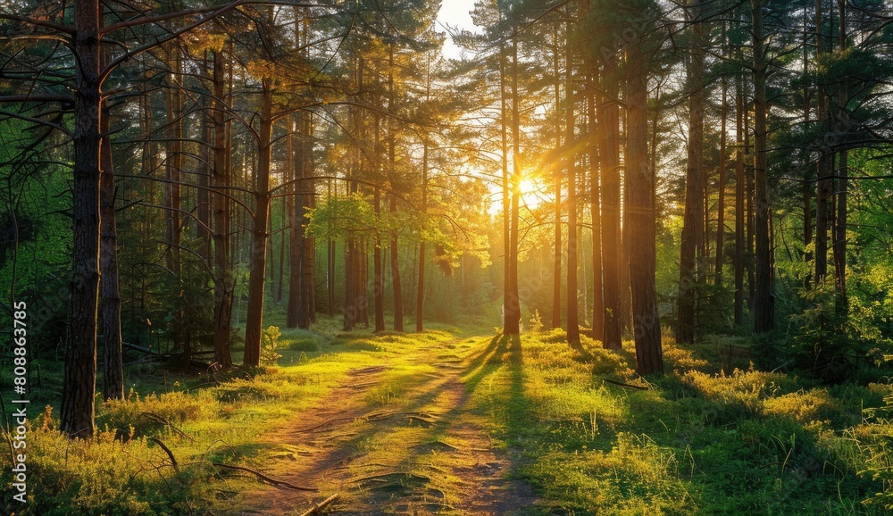Sunlight filtering through forest trees, creating a natural landscape