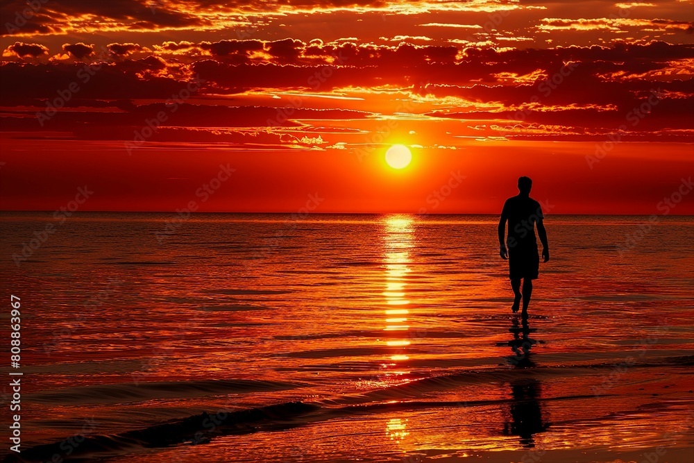 Silhouette of a Person Walking on the Beach at Sunset
