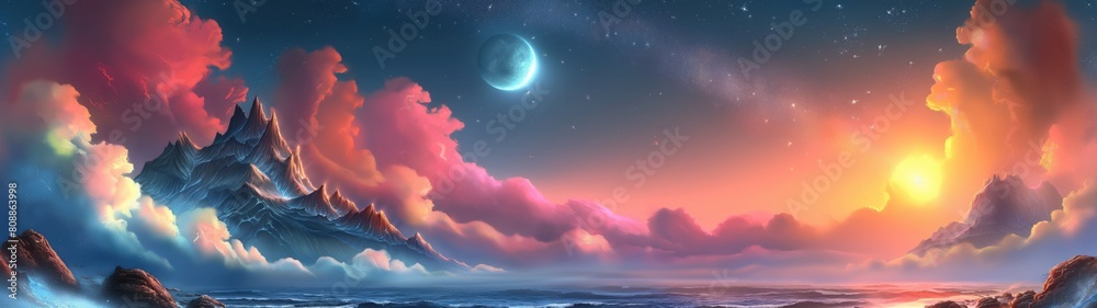 Fototapeta premium panoramic background for double screen or banner of a beautiful landscape with a mountain and a large moon in the sky