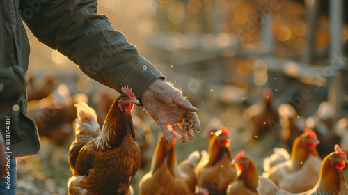 Rural Farming Life: Farmhand Feeding Free-Range Chickens in Natural Setting. Generative AI. photo