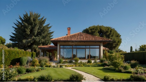 A photo of a house. The house is surrounded by a beautiful garden. The background is a beautiful blue sky. © Hataf