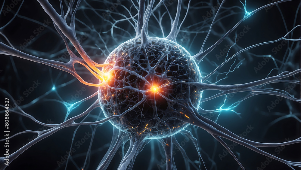 A close up of a ball of nerve cell network with neon orange glow light and explaining neuroscience on a dark black blur background