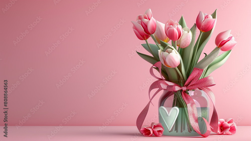 3d render happy mother day banner celebrating mother's day with giftbox, heart and flowers