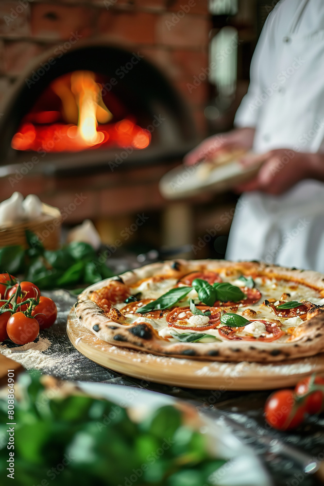 Fotografi Authentic Italian Pizzeria with Brick Oven and Fresh Pizza