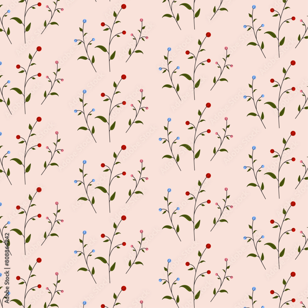 Seamless soft spring pattern with blue, red, pink flowers, green leaves for wrapping, holidays, packaging, wallpapers, notebooks, fabrics