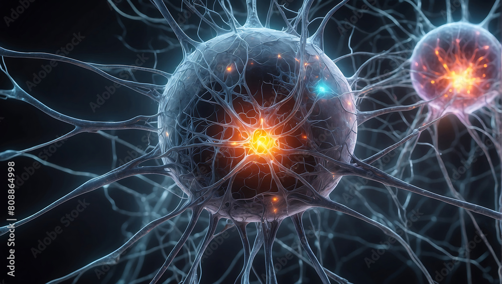 A close up of a ball of nerve cell network with neon orange glow light and explaining neuroscience on a dark black blur background A close up of a ball of nerve cell network with neon orange glow light and explaining neuroscience on a dark black blur background