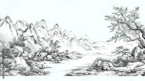 Chinese Style Ink Painting: Landscape with Mountains and Rivers, Vector Graphics