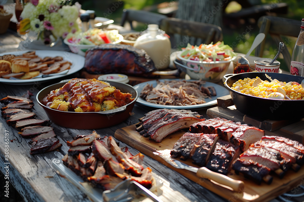 Obraz premium Table laden with barbecue ribs, brisket, pulled pork, cornbread, and coleslaw, festive 