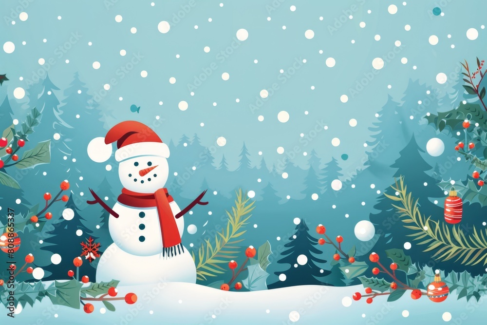 Minimalist Christmas Theme with Geometric Snowflakes, Snowmen, and Pine Trees Border

