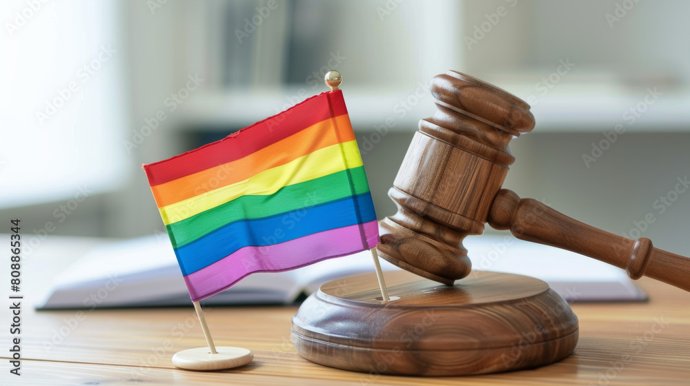 Judge wooden mallet and rainbow flag as symbol of tolerance on white desk and wall, concept picture about human rights, space for text Stock Photo photography