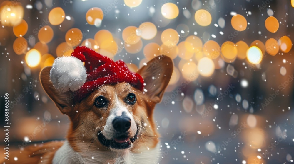 Φωτογραφία Christmas corgi dog in red santa hat on festive prague street bokeh background a