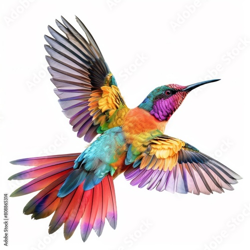 A colorful bird with a long beak flies through the air © tope007