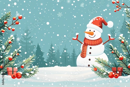 Minimalist Christmas Theme with Geometric Snowflakes, Snowmen, and Pine Trees Border   © Kristian