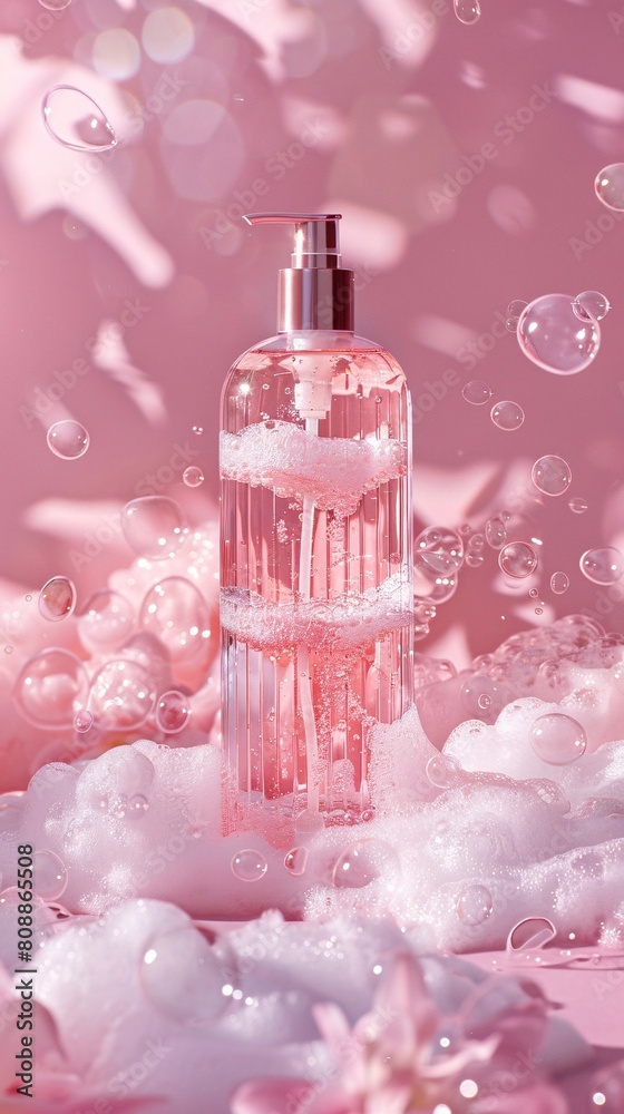 a body wash bottle surrounded by bubbles against a light pink backdrop, bathed in soft lighting for an elegant allure a body wash bottle surrounded by bubbles against a light pink backdrop, bathed in soft lighting for an elegant allure
