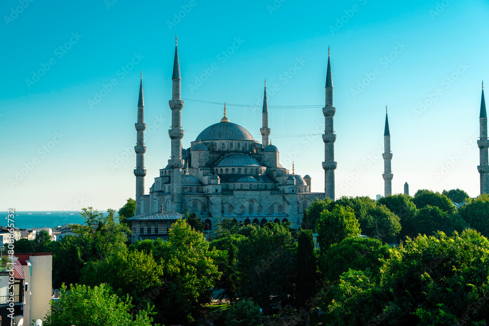 Obraz premium Sultanahmet Mosque Istanbul. Scenic view of the beautiful Blue Mosque surrounded by trees on sunny hot day. Beautiful panorama of the famous historical mosque in the center of Istanbul. Turkey.
