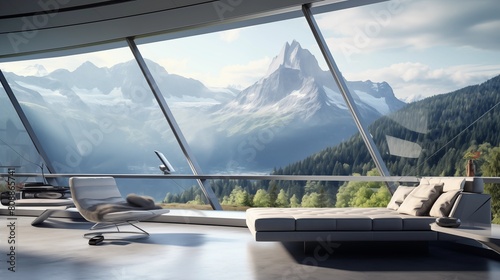 futuristic interior of modern minimalistic apartment with landscape glass windows looking at mountain. photo