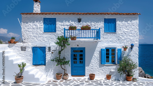 Generative ai illustration of a white Greek house with blue details